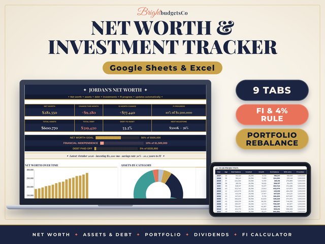 Net Worth Tracker Spreadsheet for Google Sheets and Excel preview