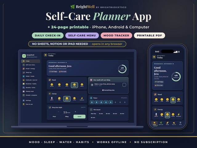 Self Care Planner App and Printable preview
