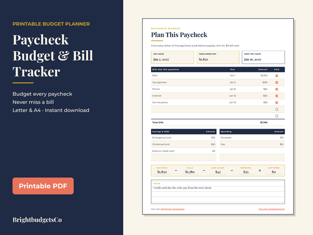 Paycheck Budget Planner Printable preview